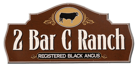Official brown 2 Bar C Ranch Registered Black Angus sign logo.