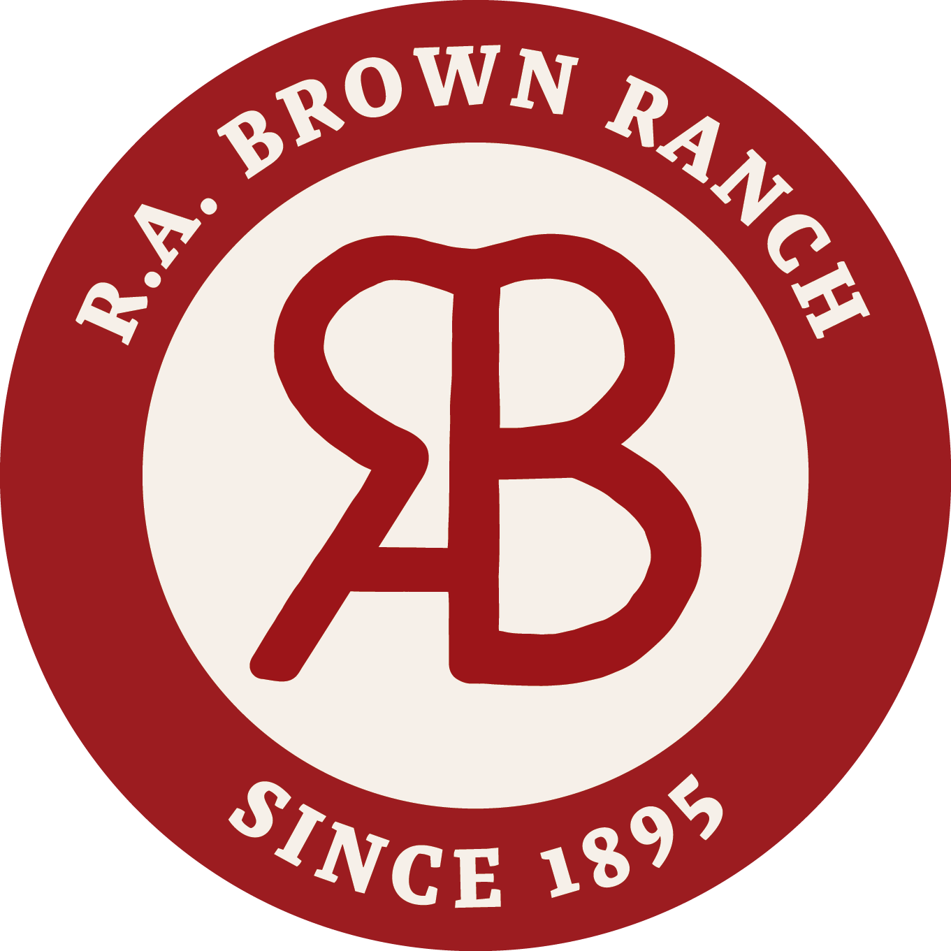 R.A. Brown Ranch circular red logo and linked ranch brand, since 1895.
