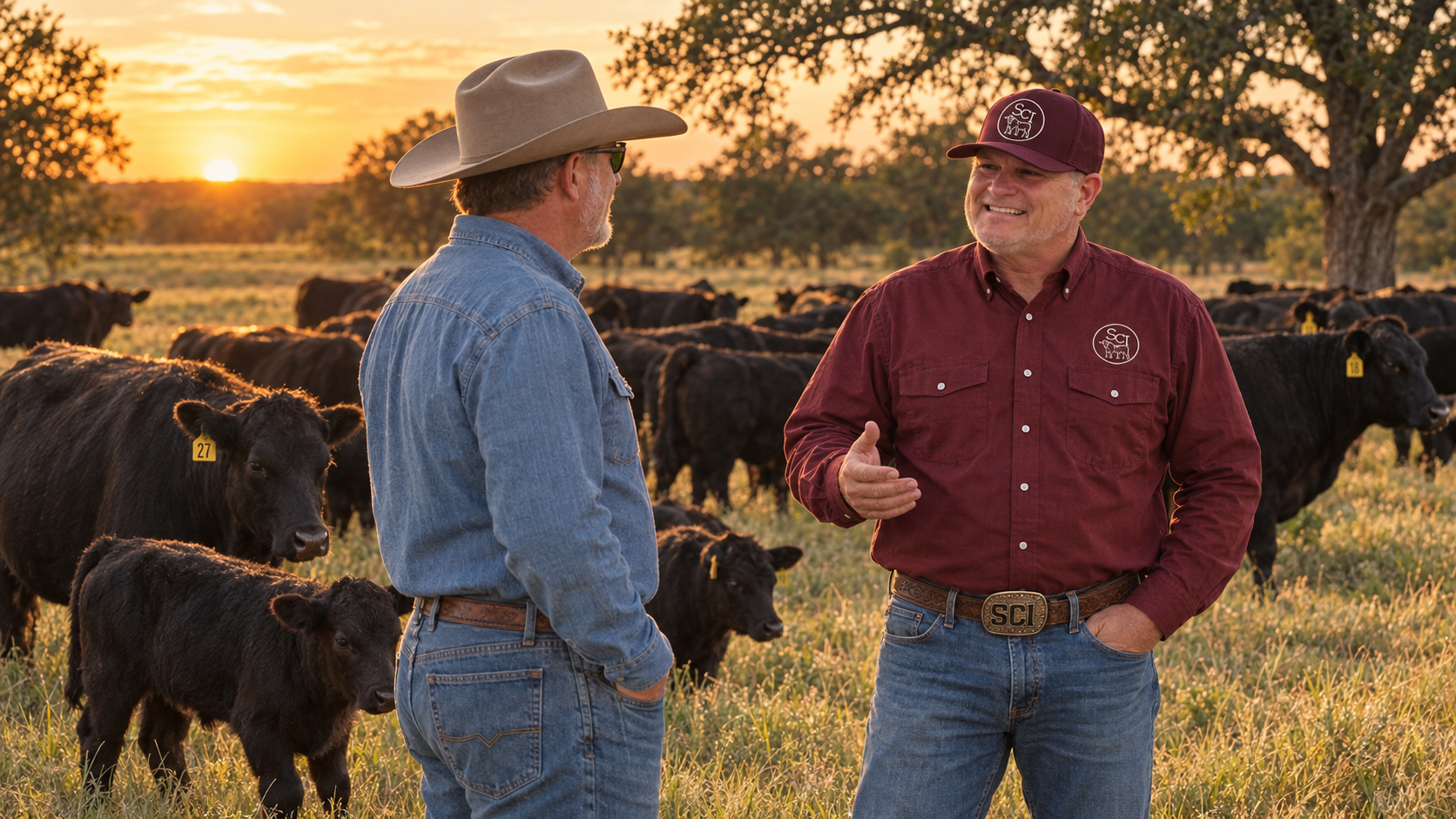 SCI brand illustration of ranchers and cattle at sunset