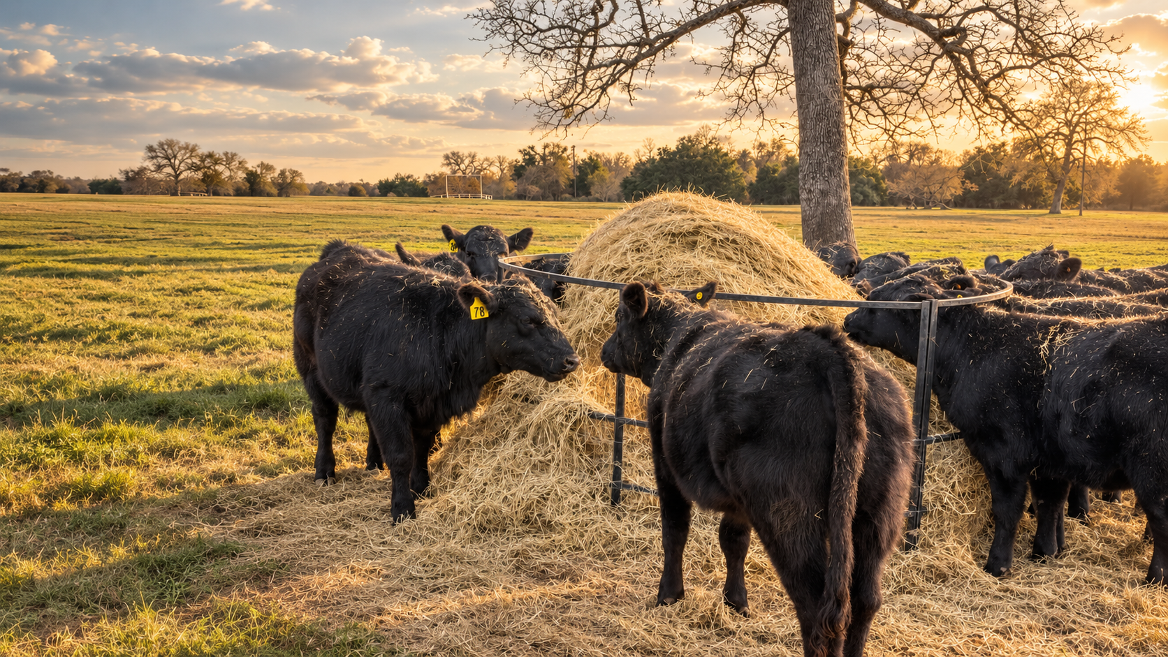 SCI heifers eating hay around a round-bale feeder